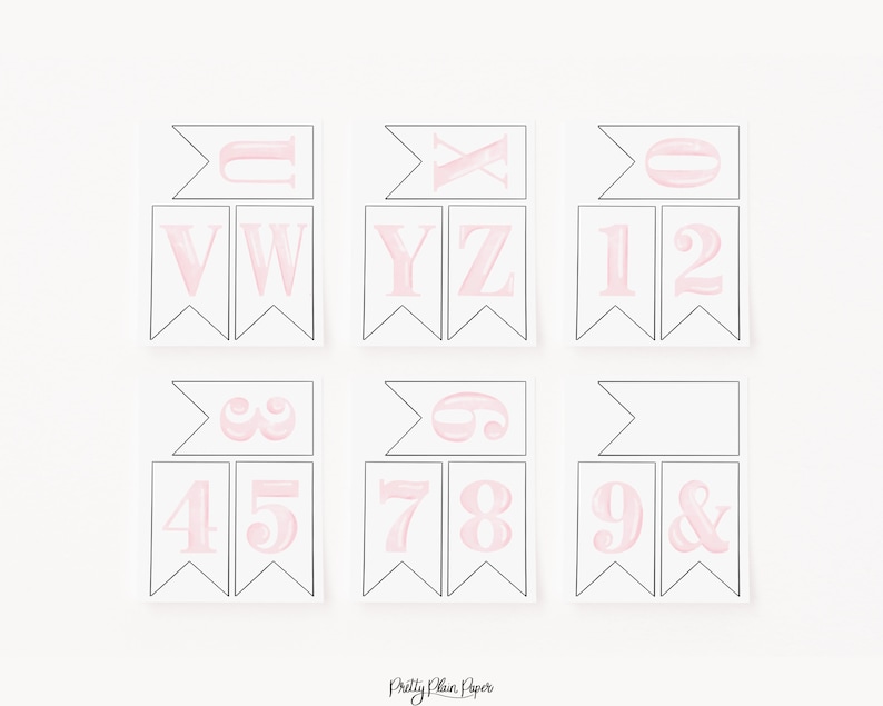 May include: Printable pink and black banner flags with letters U, V, W, X, Y, Z, and numbers 1, 2, 3, 4, 5, 6, 7, 8, 9, and the ampersand symbol.
