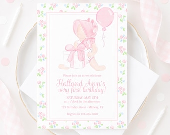 Bonnets and Bows Theme Little Girl Invitation (5x7 Printable Digital Download) Watercolor Grandmillennial 1st Birthday 5016