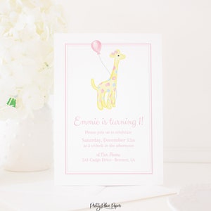 Invitation de girafe d'aquarelle | Jolie girafe avec l'invitation de ballon | Invitation au thème de la première fête d'anniversaire | Girafe 1er anniversaire | 1070
