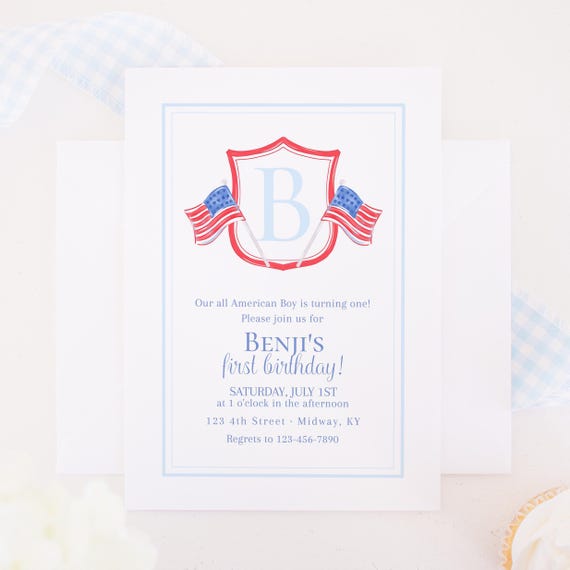 All American Boy Birthday Invitation with American Flag and Monogram Crest (5x7 Printable Digital Download) 9001