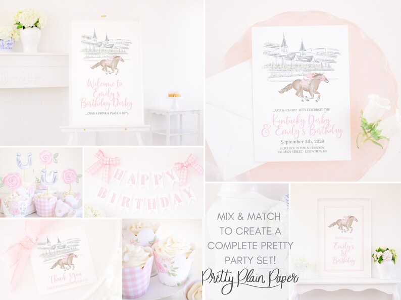 Churchill Downs Race Horse & Jockey Watercolor Printable Invitation Download Horse Racing or Kentucky Derby Party Pink Gingham 0106 image 3