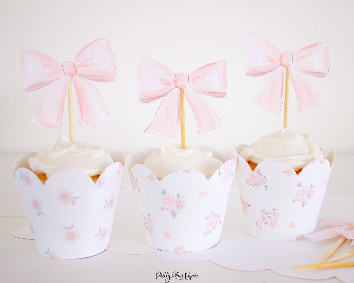 Watercolor Pink Bow Printable Cupcake Toppers Download 1017 - Etsy