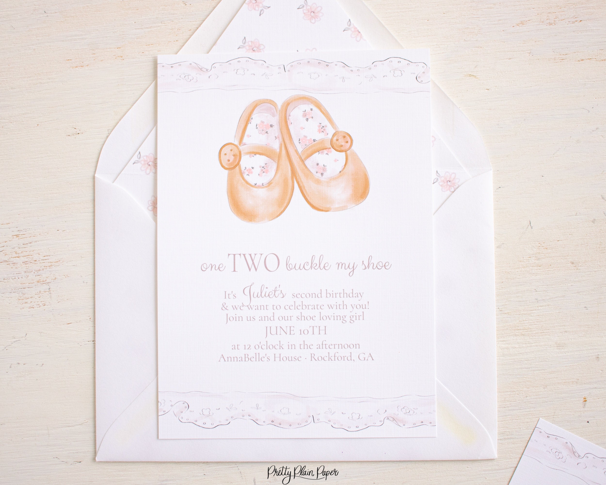 Watercolor Mary Jane Shoe Second Birthday Invitation | One TWO Buckle My Shoe Invitation with Tan Mary Jane Shoes | 1017 | Shoe 2nd Birthday