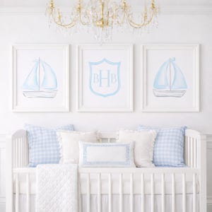 Set of 3 Light Blue Sailboat Prints with Monogram Crest; 16x20 Printable Digital Download; Sailing Artwork for Baby Boy Room or Nursery 3006