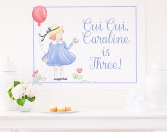Backdrop Banner | 36x48 Printable Download | French Inspired Girl with Balloon | Oui Oui Three | Third Birthday Party | Watercolor | 9003