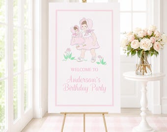 Dark Brown Hair Baby Doll Brunch Party Welcome Sign (24x36 Printable Digital Download) Watercolor Grandmillennial Preppy Style 5028