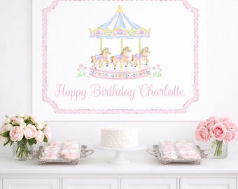 Pastel Pink Carousel Backdrop Banner for First Go Round Birthday; Watercolor Preppy Grandmillennial Style (36x48 Digital Download) 5059