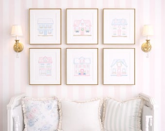 Watercolor Dollhouse Prints; Artwork for Little Girl Room Nursery; 8x10 or 16x20 Printable Digital Download; Pink & Blue Doll House Art 5012