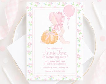 Our Little Pumpkin Invitation with Bonnet Baby, Pumpkin & Floral Border (5x7 Digital Download) Grandmillennial Watercolor 1099