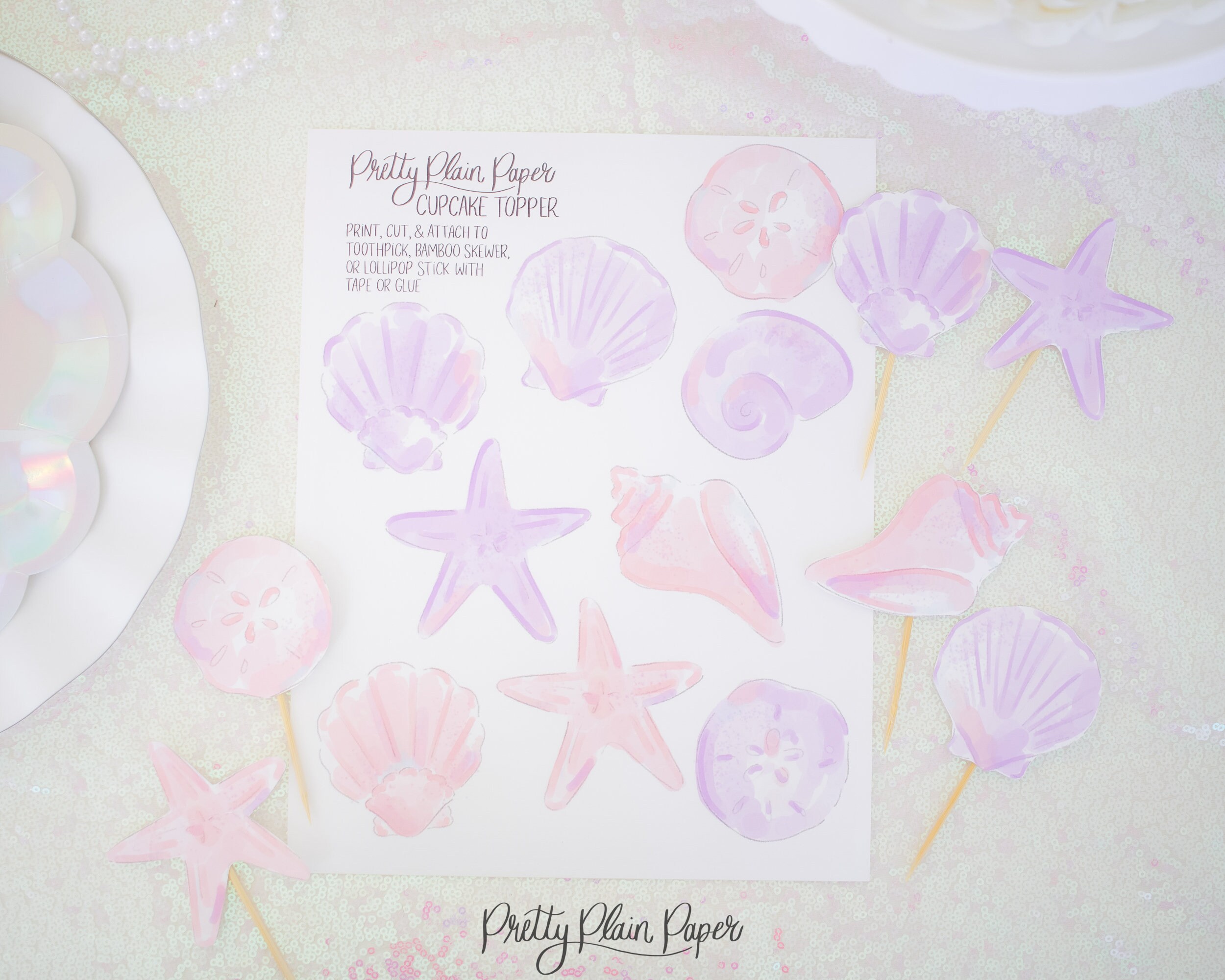 Watercolor Pink and Purple Seashell Cupcake Toppers | Printable Download |  Lavender | Starfish | Purple Mermaid Birthday Party | 8001 - Etsy, image size:2500x2000
