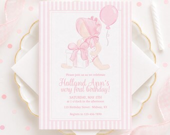 Watercolor Little Girl Invitation for Bonnet Theme Birthday (5x7 Printable Digital Download) 1st Birthday Girl 5016