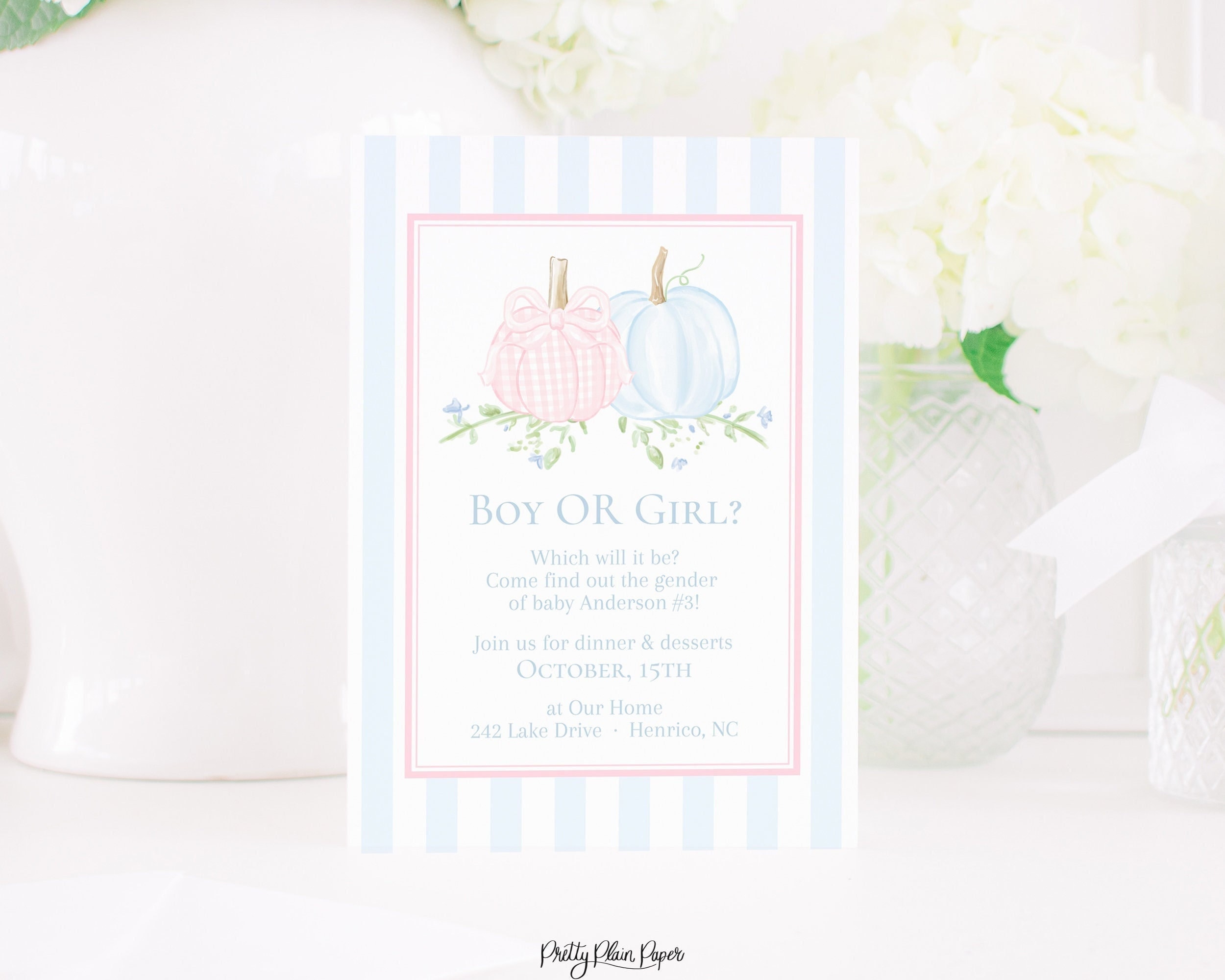 Watercolor Pumpkin Gender Reveal Invitation Preppy Gender Reveal Invitation Pumpkin Theme Boy or Girl Pink Gingham Pumpkin