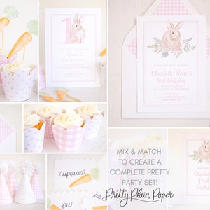 May include: A set of printable party decorations featuring a watercolor illustration of a bunny rabbit with carrots and a pink and white gingham pattern. The text "Mix & Match to Create a Complete Pretty Party Set! Pretty Plain Paper" is included in the image.