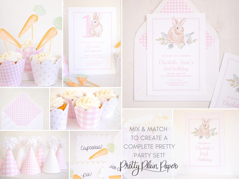May include: A set of printable party decorations featuring a watercolor illustration of a bunny rabbit with carrots and a pink and white gingham pattern. The text "Mix & Match to Create a Complete Pretty Party Set! Pretty Plain Paper" is included in the image.