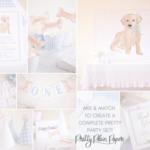 May include: A set of printable party decorations for a first birthday with a puppy theme. The set includes a banner, cupcake toppers, party hats, and thank you cards. The decorations are in blue and white gingham with watercolor illustrations of a puppy.