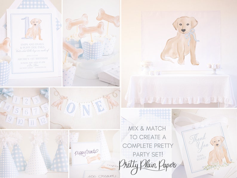 May include: A set of printable party decorations for a first birthday with a puppy theme. The set includes a banner, cupcake toppers, party hats, and thank you cards. The decorations are in blue and white gingham with watercolor illustrations of a puppy.