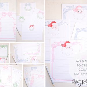 K&ouml;nnte beinhalten: Ein Satz druckbarer Briefpapier mit verschiedenen Weihnachtsmotiven. Die Motive umfassen Kr&auml;nze, Schleifen und den Weihnachtsmann. Der Text "Mix & Match to Create a Complete Stationary Set! Pretty Plain Paper" befindet sich am unteren Rand des Bildes.