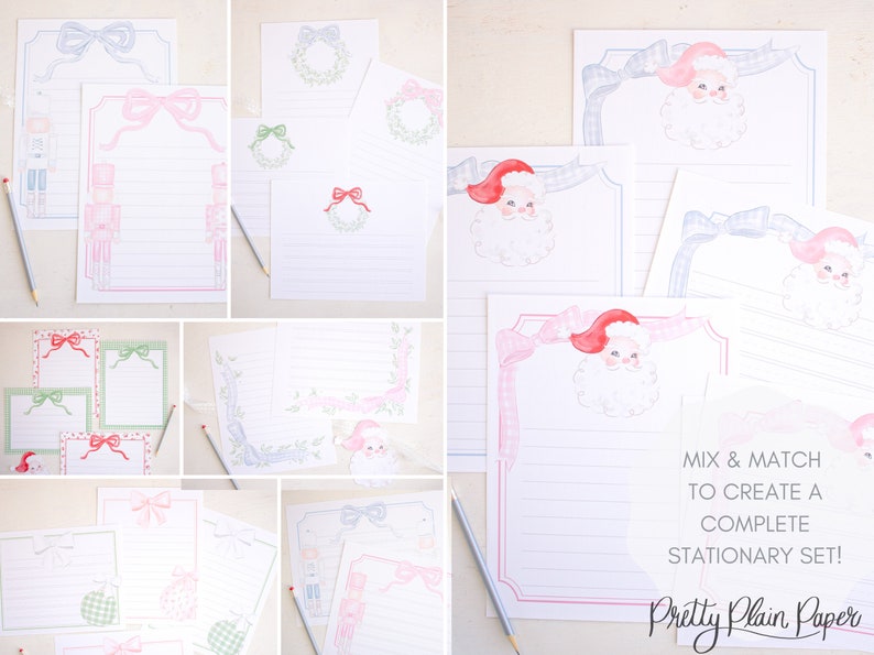 K&ouml;nnte beinhalten: Ein Satz druckbarer Briefpapier mit verschiedenen Weihnachtsmotiven. Die Motive umfassen Kr&auml;nze, Schleifen und den Weihnachtsmann. Der Text "Mix & Match to Create a Complete Stationary Set! Pretty Plain Paper" befindet sich am unteren Rand des Bildes.