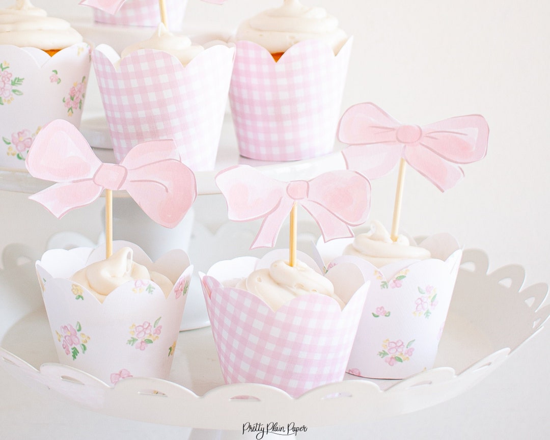 Pink Bow Cupcake Toppers Watercolor Printable Download 1012 for Bow ...