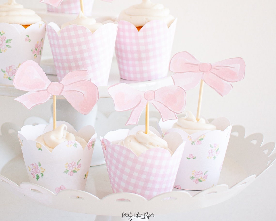 Pink Bow Cupcake Toppers Watercolor Printable Download 1012 - Etsy