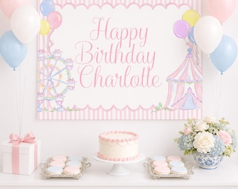 Pastel Pink Carnival Backdrop Banner for Birthday Party; (36x48 Printable Digital Download) Watercolor Preppy Grandmillennial Style 5059
