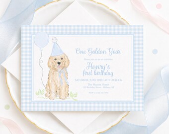 Light Blue Goldendoodle Puppy Dog Birthday Invitation for a ONE Golden Year Theme (5x7 Printable Digital Download) 3028