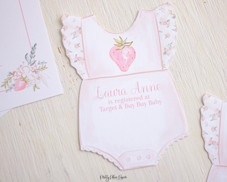 Strawberry Baby Onesie Invitation Insert, Watercolor Printable Invitation Insert Download 1015 for a Strawberry Theme Baby Shower Invitation image 1