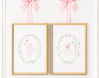 Set of (2)  11x17 Prints (Digital Download) Watercolor Little Girls | Grandmillennial Artwork for Little Girl Room or Bathroom  5017