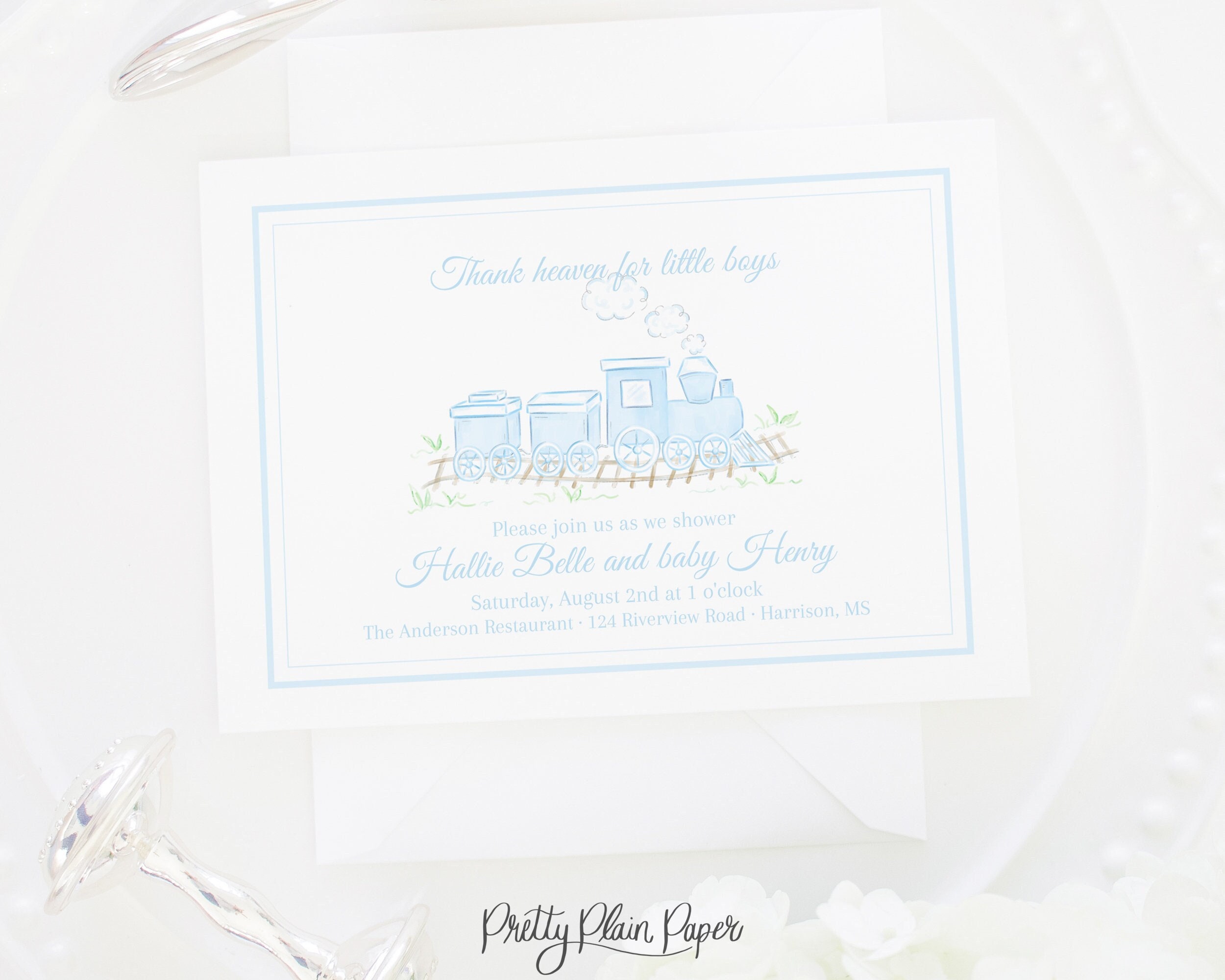 Thank Heaven for Little Boys Baby Shower Invitation | 5x7 | Watercolor Train Baby Shower Invite for Baby Boy | Classic | Traditional  | 3009