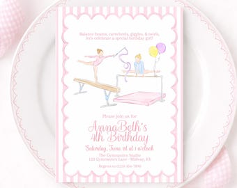 Pink Gymnastics Theme Birthday Invitation, Watercolor Preppy Grandmillennial Style (5x7 Digital Download) 5058