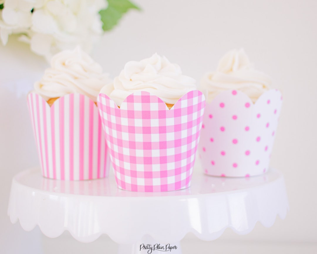 Bright Pink Gingham Cupcake Wrapper Template | Bright Pink Polka Dot ...