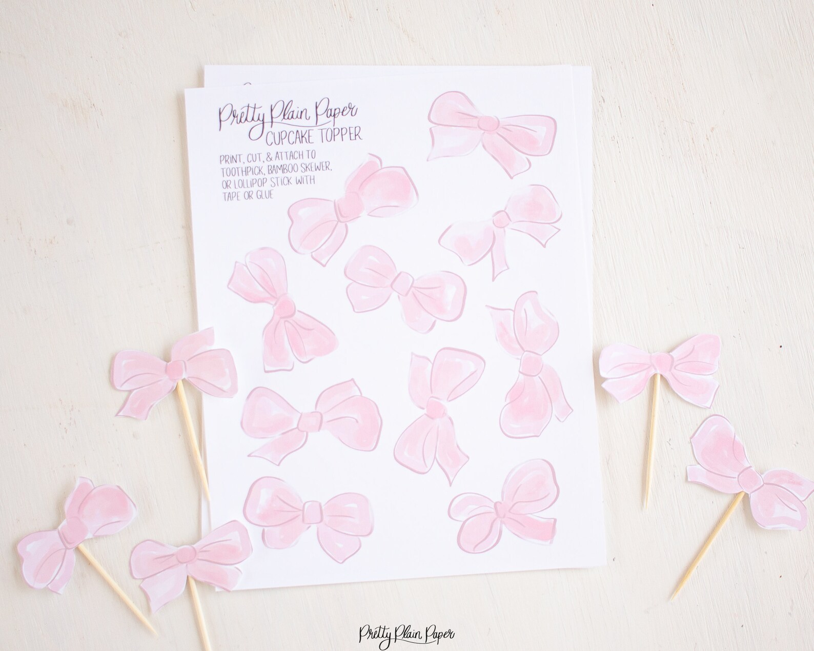 Pink Bow Cupcake Toppers Watercolor Printable Download 1012 | Etsy
