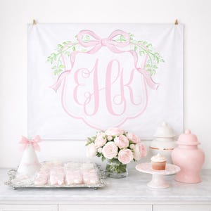 Watercolor Pink Floral Monogram Crest Birthday Party Backdrop (30x40 or 36x48 Printable Digital Download) 1054