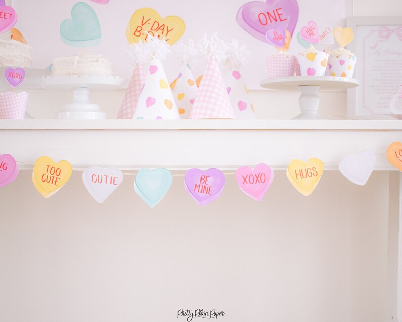 Watercolor Candy Hearts Banner Conversation Hearts Printable Banner Valentine Birthday Party Decorations Printable Download 1020 image 1