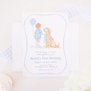 May include: A watercolor birthday invitation featuring a young child in blue attire holding a blue balloon, interacting with a golden retriever. The invitation includes the text "Benny's First Birthday" and event details.