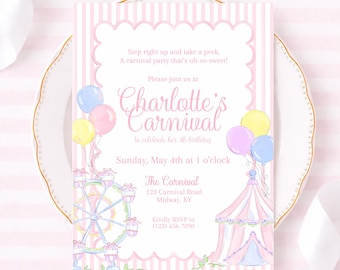 Pastel Pink Carnival Birthday Invitation; Watercolor Preppy Grandmillennial Style (5x7 Digital Download) 5059