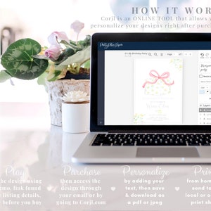 May include: A laptop computer displaying a website with a pink and yellow birthday invitation design. The text on the invitation reads "It's My Birthday Party". The website allows users to personalize the design with text and images. The image also shows a plant in a pot and a white surface.