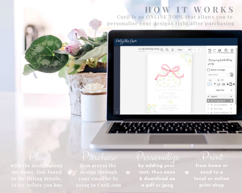 May include: A laptop computer displaying a website with a pink and yellow birthday invitation design. The text on the invitation reads "It's My Birthday Party". The website allows users to personalize the design with text and images. The image also shows a plant in a pot and a white surface.