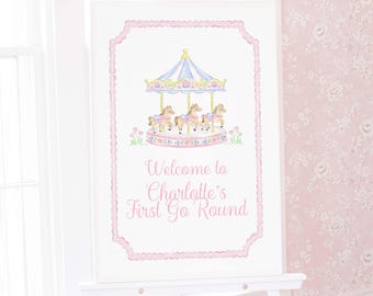 Pastel Pink Carousel Welcome Sign for First Go Round Birthday; Watercolor Preppy Grandmillennial Style (24x36 Digital Download) 5059