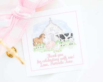 Pink Farm Animals Birthday Party Favor Tag for Girl, Watercolor Preppy Grandmillennial Style (3.5x3.5 Digital Download) 3027