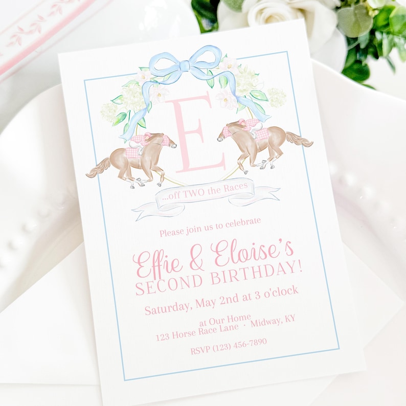Watercolor Horse Racing Kentucky Derby Invitation w/ Monogram Crest; Birthday, Baby Shower, Bridal Shower; 5x7 Printable Download 1052 0106 image 1