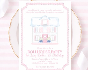 Watercolor Dollhouse Birthday Invitation (5x7 Printable Digital Download); Grandmillennial Preppy Playhouse Baby Doll Party; 5012