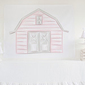 Pink Barn Watercolor Printable Backdrop Poster Scarica 1012 per una festa in fattoria femminile o una festa in fattoria rosa