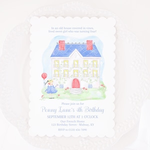 May include: Watercolor birthday invitation featuring a whimsical illustration of a house with a blue roof and red chimneys. A girl with a balloon stands in front. Text includes "Penny Lane's 4th Birthday" and event details.
