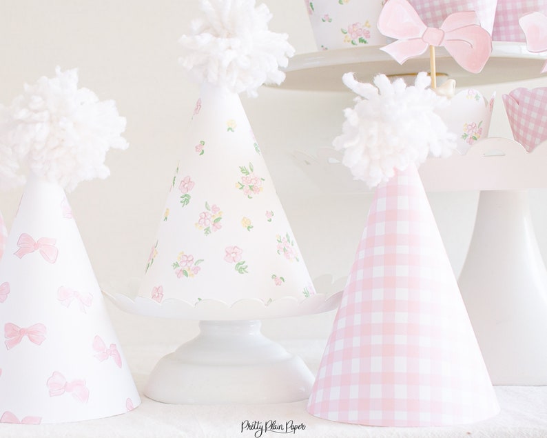 Pink Gingham, Bows, & Floral Party Hats Watercolor Printable Party Hats Download 1012 image 2