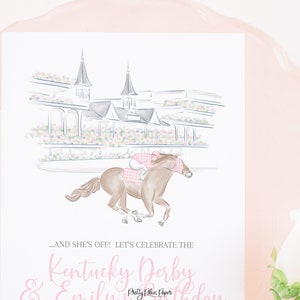 Churchill Downs Race Horse & Jockey Watercolor Printable Invitation Download Horse Racing or Kentucky Derby Party Pink Gingham 0106 image 2