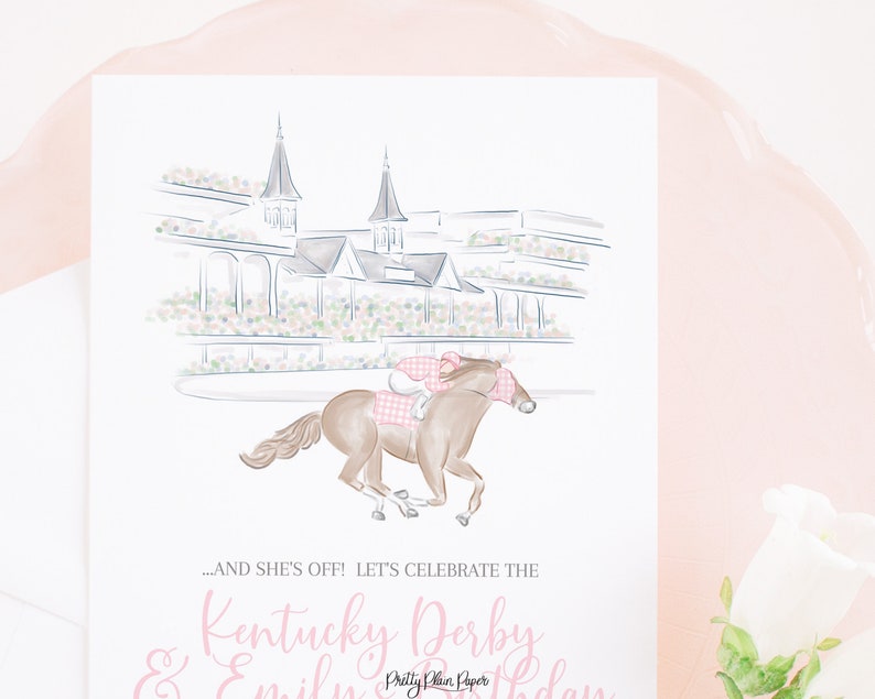 Churchill Downs Race Horse & Jockey Watercolor Printable Invitation Download Horse Racing or Kentucky Derby Party Pink Gingham 0106 image 2