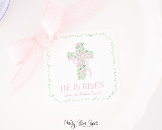 Easter Tag | Pink and Green Floral Cross with Pink | 3.5x3.5 Printable Download | Watercolor Happy Easter Gift Tag | Classmate School | 1022
