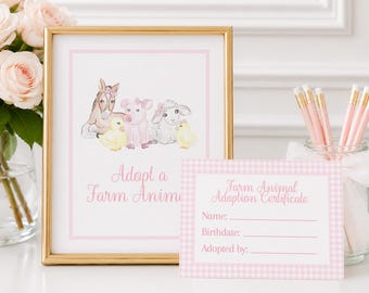 Adopt a Farm Animal Print and Adoption Certificate with Pink Gingham (Printable Digital Download)  1012