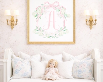 30x30 Pink Monogram Crest Watercolor Artwork Print w/ Bow, Hydrangeas & Magnolias; Digital Download for Little Girl Room Nursery 5015